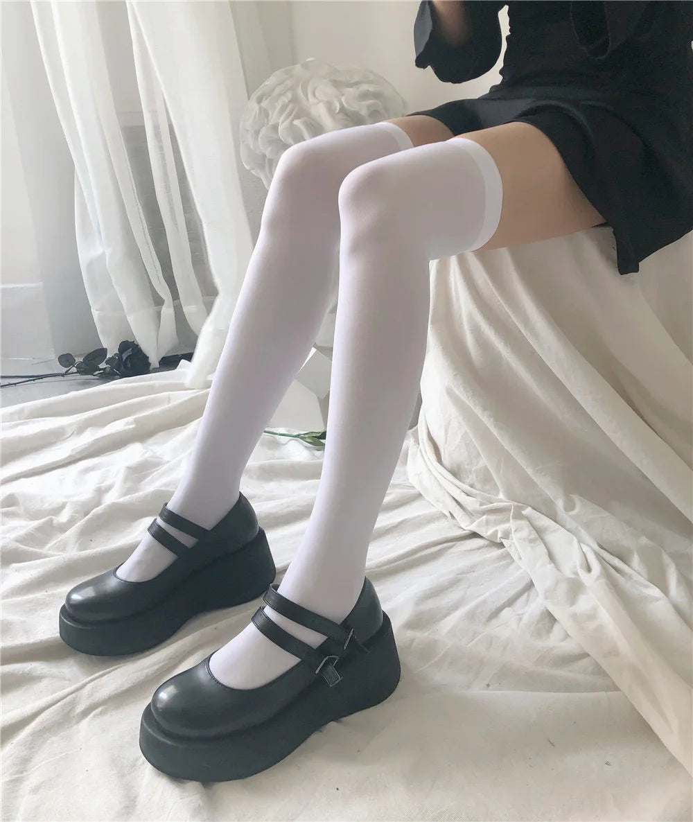 Gothic Lolita Kniestrümpfe Damen Weiß Schwarz Atmungsaktiv – Bild 12