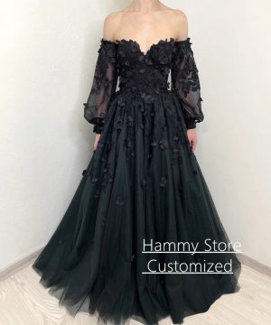 Gothic Brautkleid mit Puffärmeln und 3D-Blumenperlen