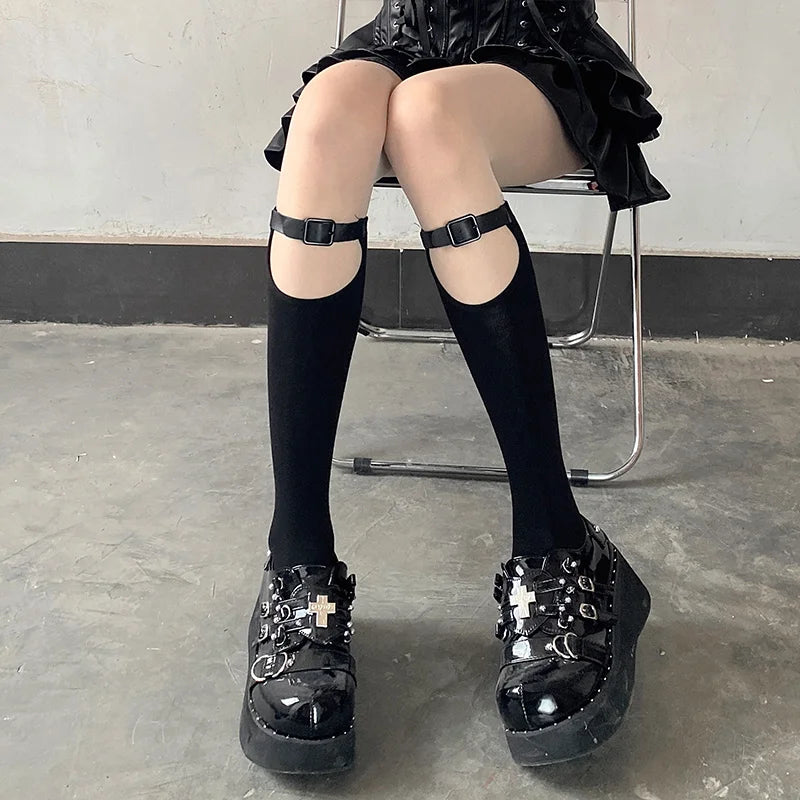 Gothic Techwear Damen Socken mit Leder-Schnallen – Mittelhoch – Bild 3