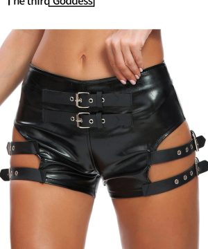 Gothic Damen Shorts High Waist aus schwarzem PU-Leder