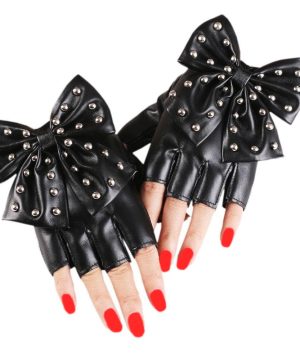 Gothic Fingerlose PU Lederhandschuhe mit Nieten & Schleife