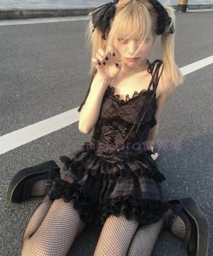 Gothic Preppy Mini Kleid Damen Ärmellos Kariert Schwarz