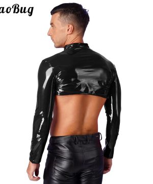 Gothic Wetlook Herren Crop Top mit Reißverschluss Optik