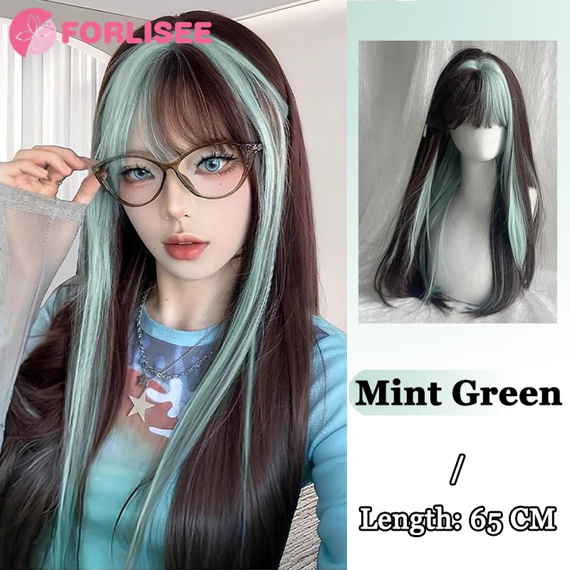 Lange Gothic Kunsthaarperücke Schwarz-Weiß mit Pony – Bild 10