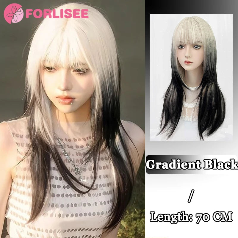 Lange Gothic Kunsthaarperücke Schwarz-Weiß mit Pony – Bild 7