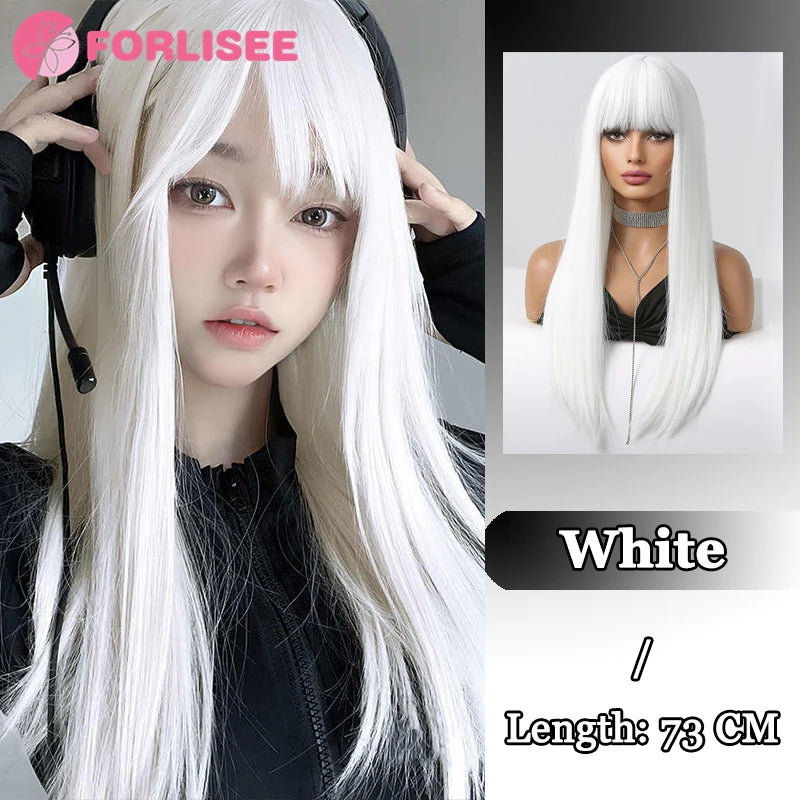 Lange Gothic Kunsthaarperücke Schwarz-Weiß mit Pony – Bild 16