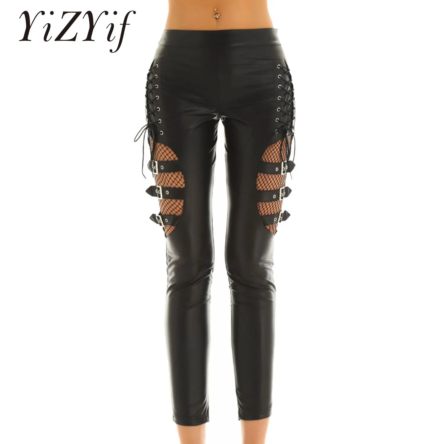 Gothic Damen Leggings aus Kunstleder mit Netz und Schnallen