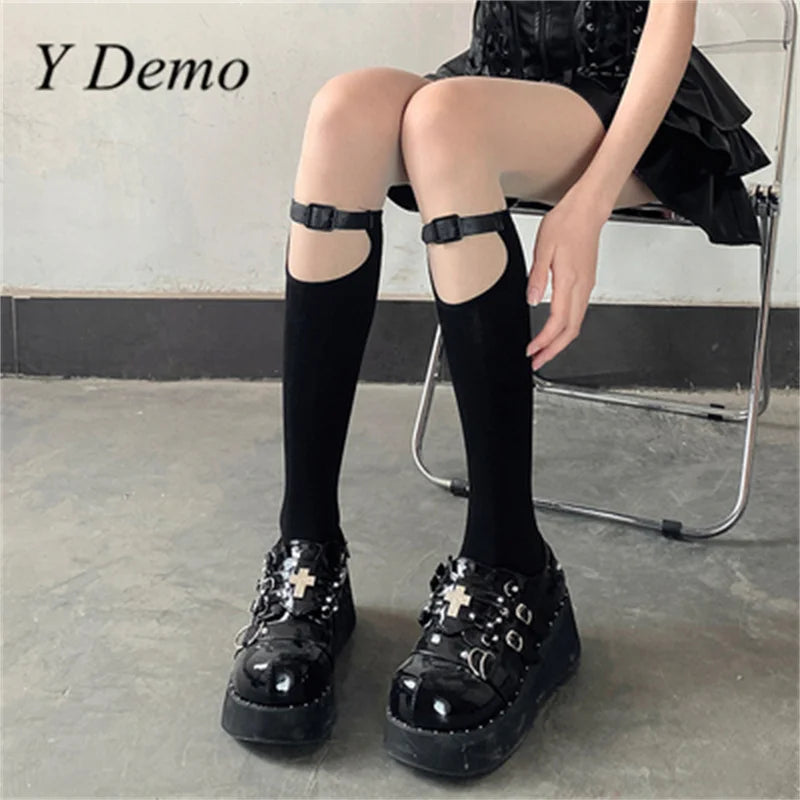 Gothic Techwear Damen Socken mit Leder-Schnallen – Mittelhoch