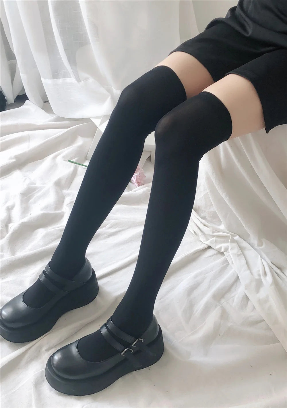 Gothic Lolita Kniestrümpfe Damen Weiß Schwarz Atmungsaktiv – Bild 14