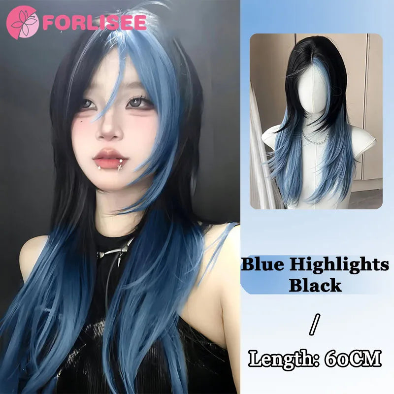 Lange Gothic Kunsthaarperücke Schwarz-Weiß mit Pony – Bild 15