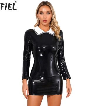 Gothic Latex Bodycon Kleid mit Satinkragen und Reißverschluss