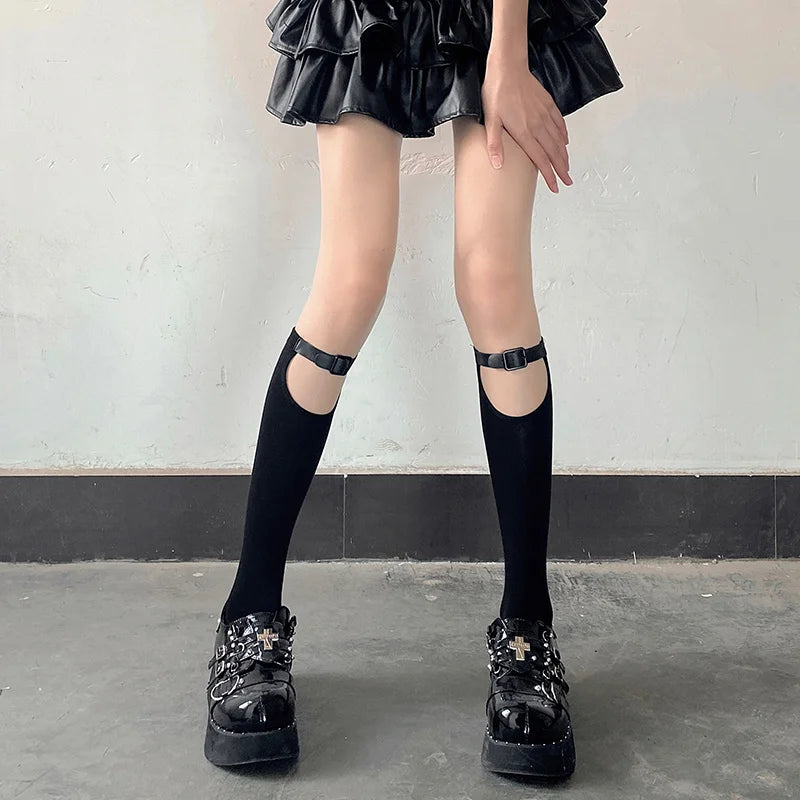 Gothic Techwear Damen Socken mit Leder-Schnallen – Mittelhoch – Bild 5