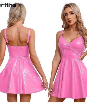 Damen Gothic Latex Minikleid mit Reißverschluss & O-Ring