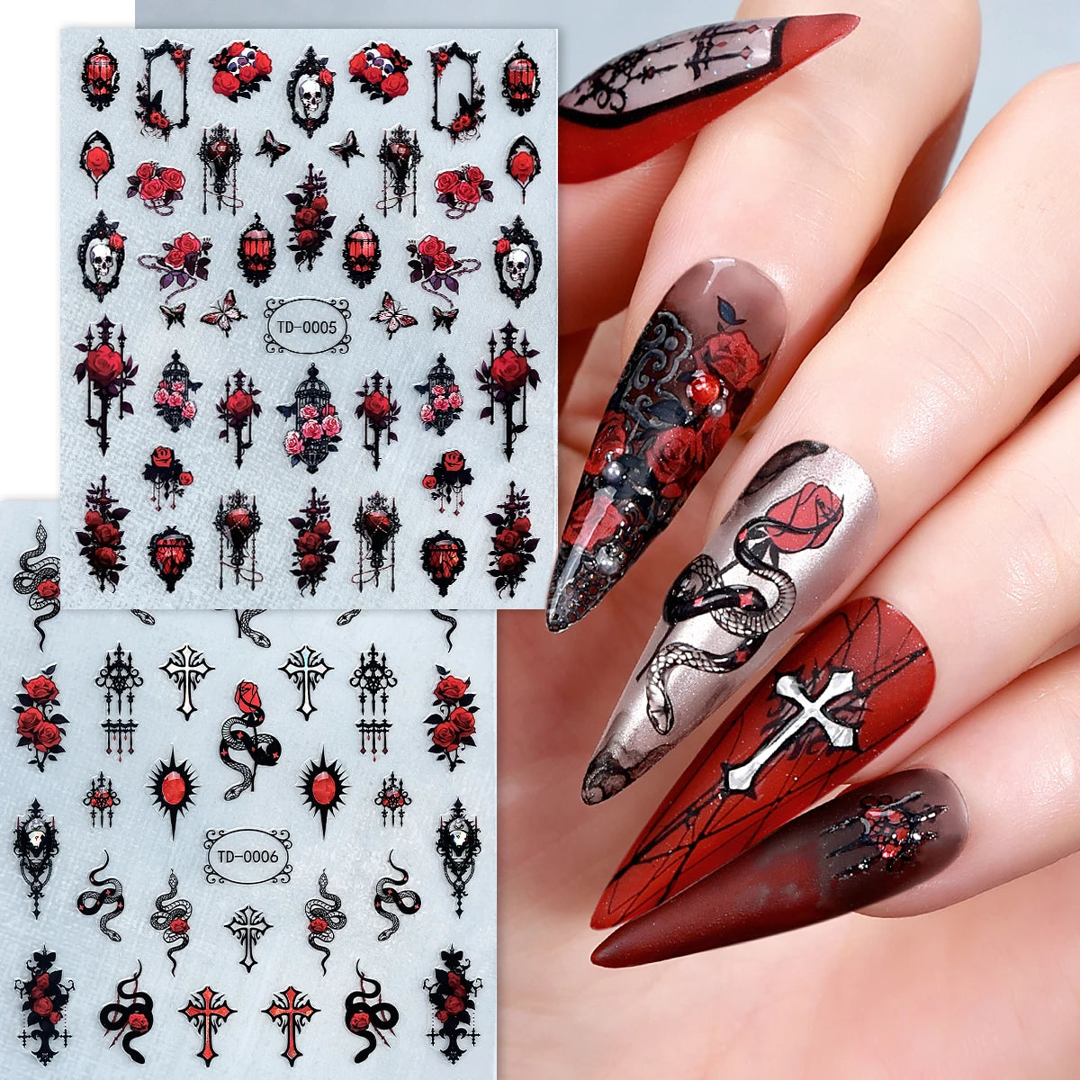 2 Stück Gothic Halloween Nagelsticker – 3D Totenkopf & Rose