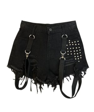 Gothic Damen Shorts Sommer High Waist mit Nieten & Gürtel