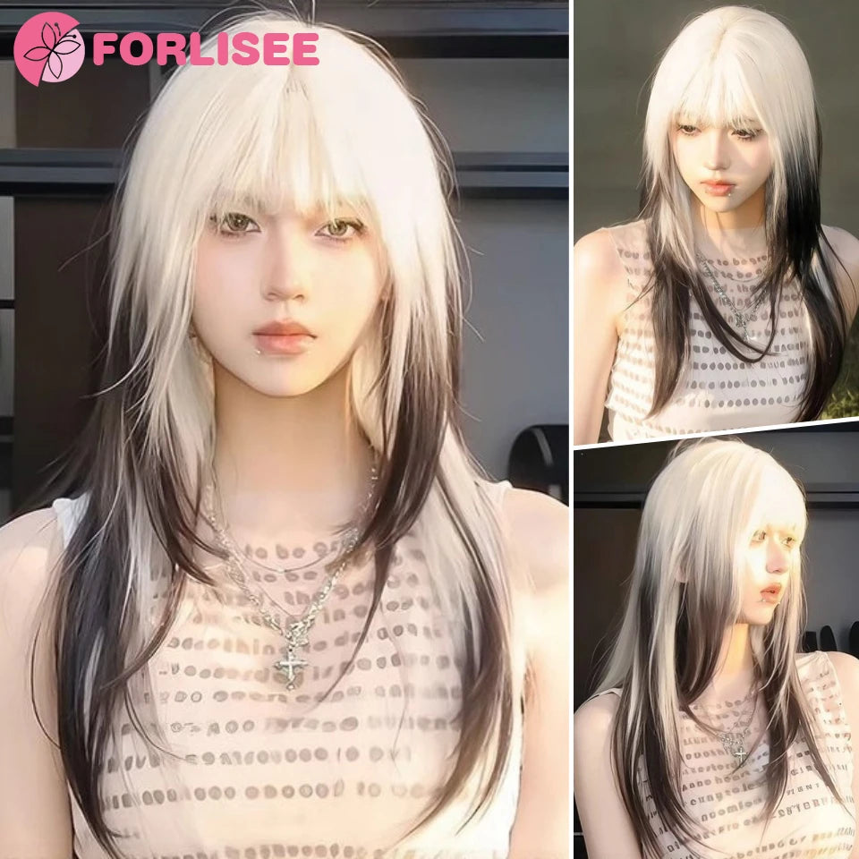 Lange Gothic Kunsthaarperücke Schwarz-Weiß mit Pony – Bild 6