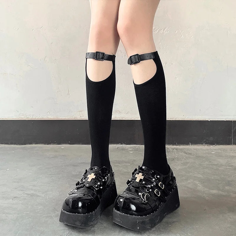 Gothic Techwear Damen Socken mit Leder-Schnallen – Mittelhoch – Bild 2