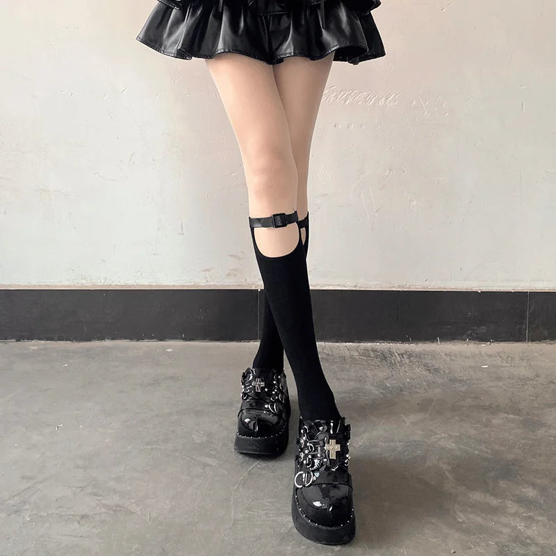 Gothic Techwear Damen Socken mit Leder-Schnallen – Mittelhoch – Bild 6