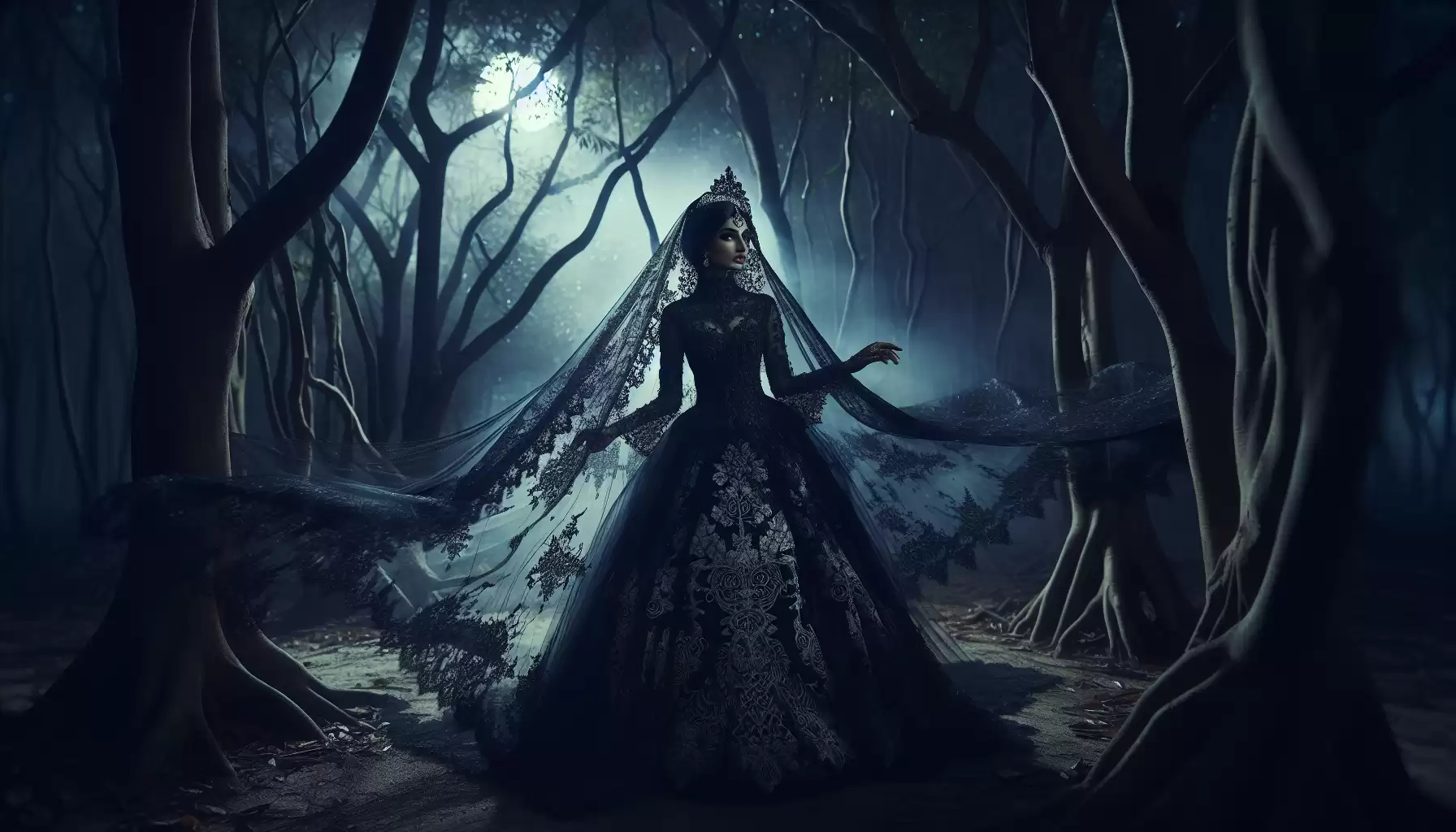 Schwarzes Brautkleid im Wald